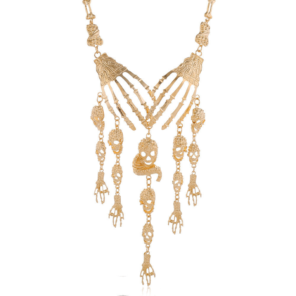 Wholesale Gothic Halloween Exaggerated Ghost Hand Multi-layer Skull Head Alloy Necklace